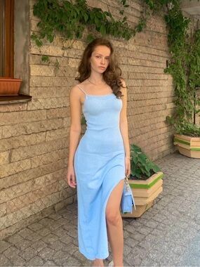 NWOT Zaful “Knitted Lace Up Thigh Split Midi Vegas Dress - Light Blue”
